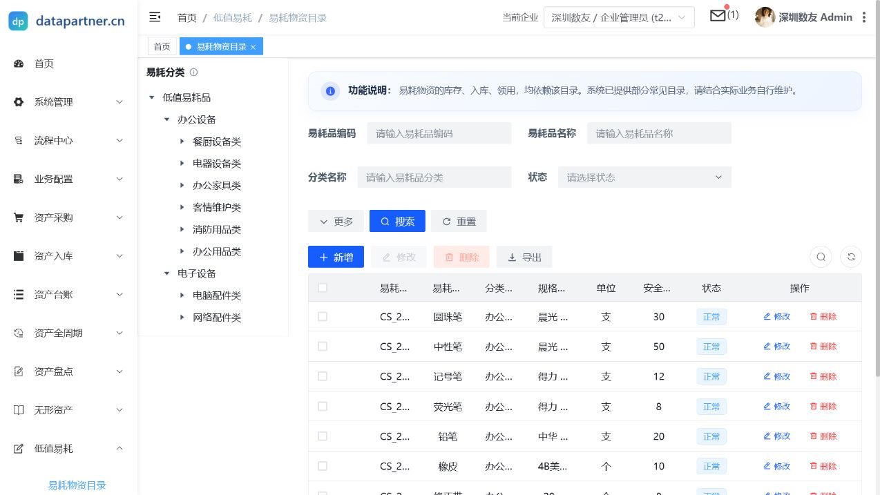 易耗物资目录列表页